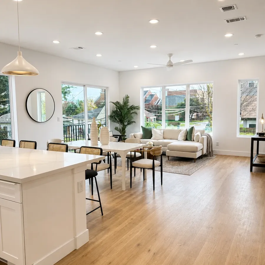 Open kitchen and living area with oak floors